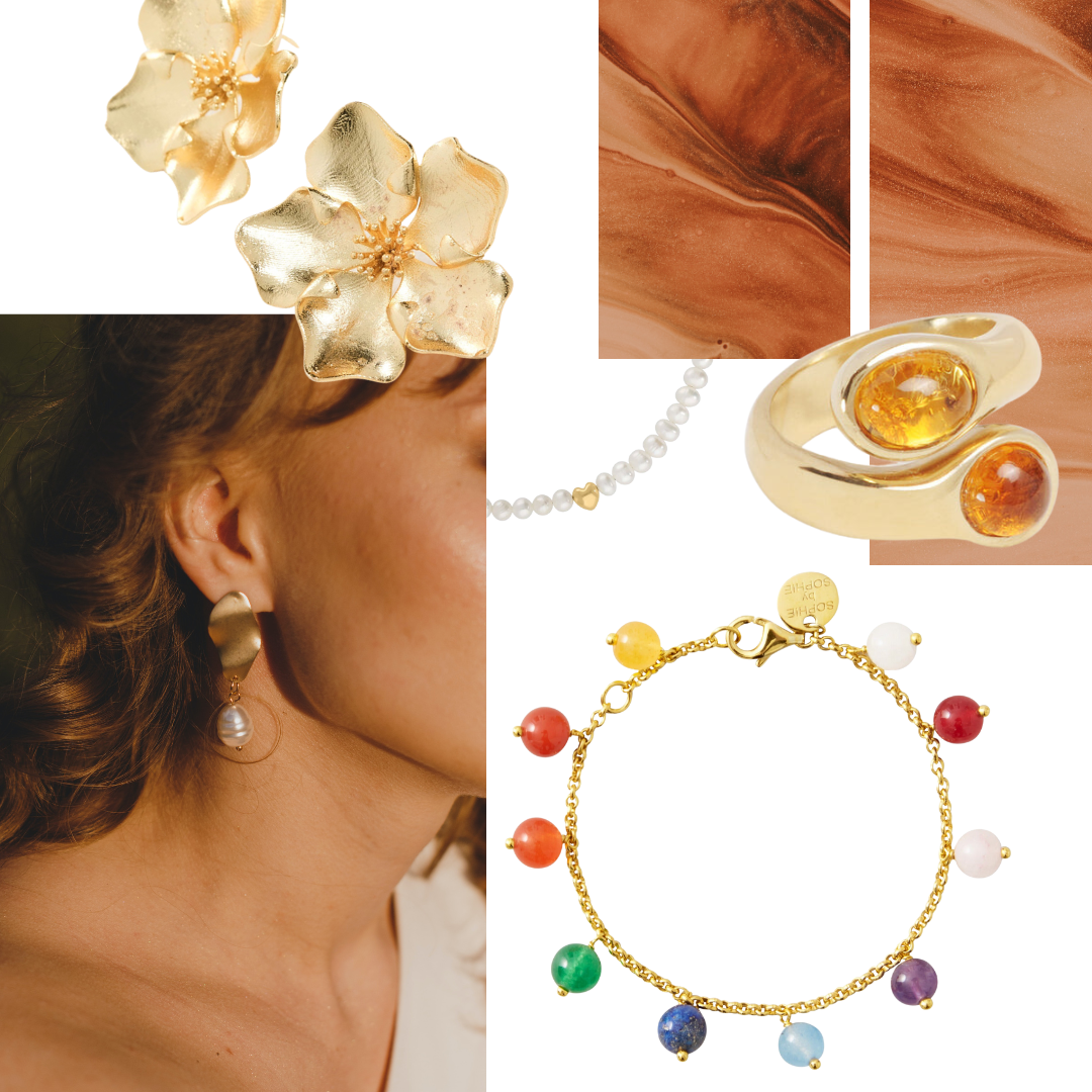 Blumenohrringe, Frauenohr mit Ohrring, Armband mit bunten Anhängern, Ring mit orangen Steinen
