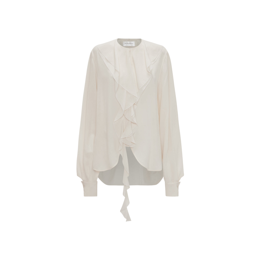 Elegante weiße Bluse mit Volants für den Herbst.
