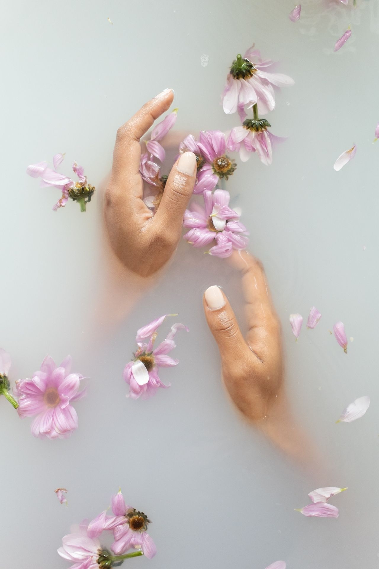 Frauenhände unter Wasser mit rosa Blüten in der Hand