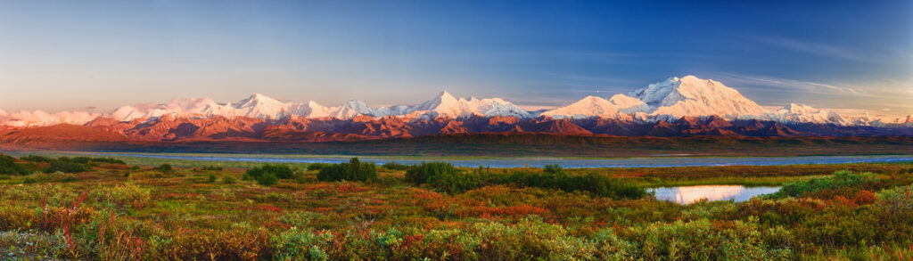 CTP7BM Panorama view Alaska Range Mt McKinley near Grassy Pass at sunset Denali National Park & Preserve Interior Alaska Autumn HDR