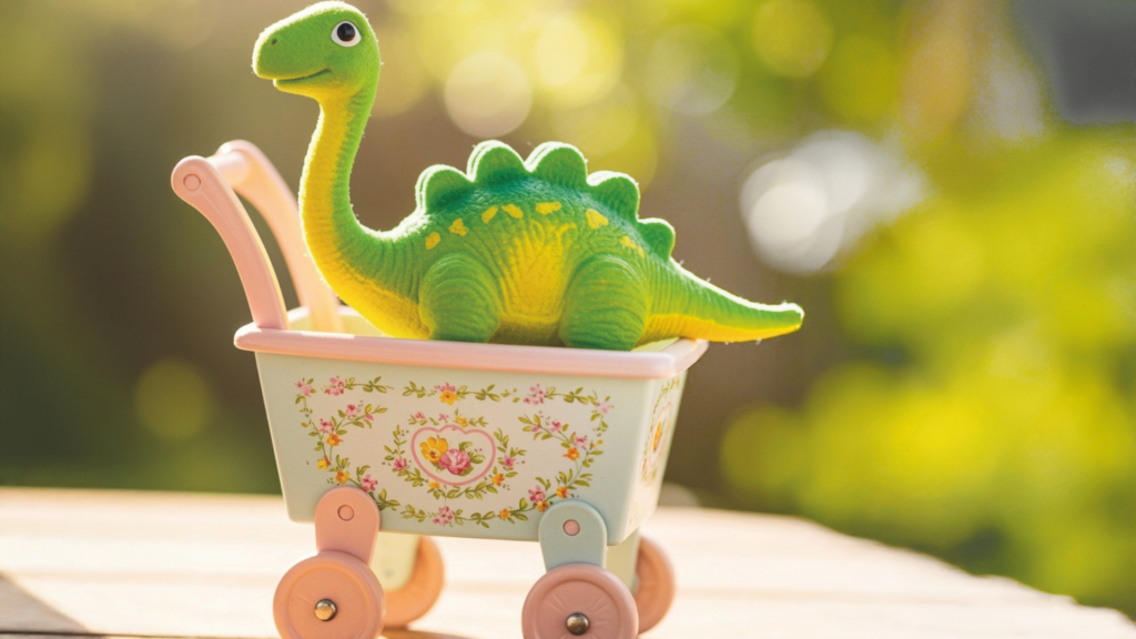 Ein Dinosaurier-Spielzeug in einem Puppenwagen, Rollenbilder im Kinderzimmer