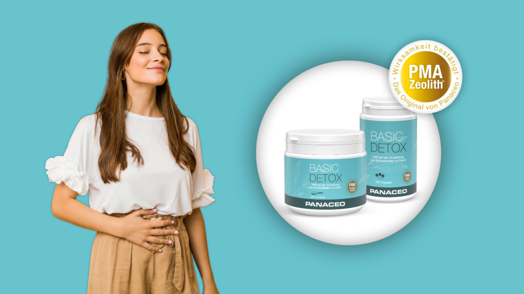 Frau hält ihren Bauch und lächelt, daneben Produktpackung von Panaceo